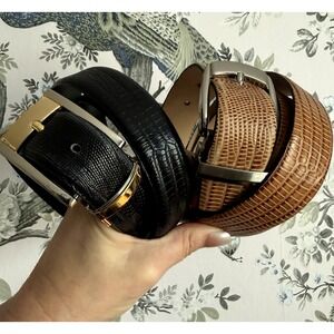 Italian Leather Belts Lot of 2 Size 42 Lizard Embossed Black Tan Dress